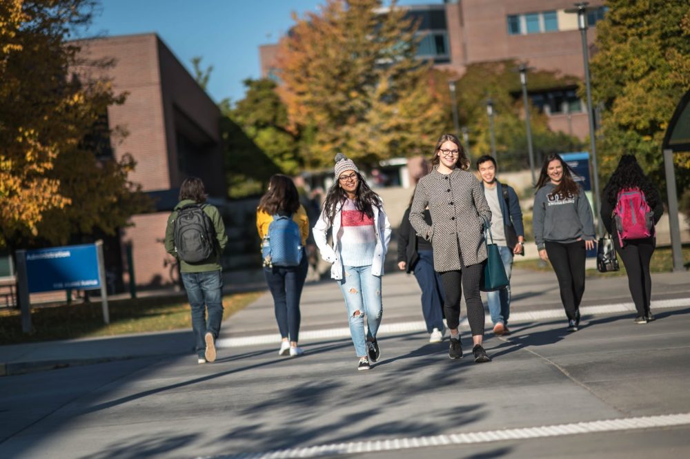 Students walking on campus enjoying a bluebird day.
